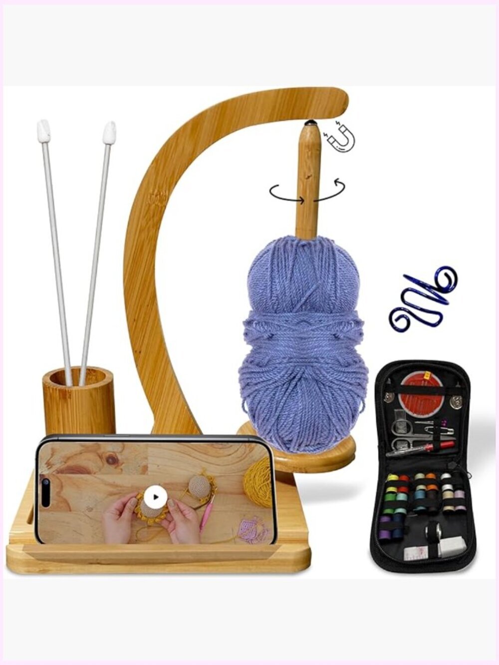 Wooden Yarn Holder with Sewing Kit & Crochet Ring, Magnetic Spindle, Portable